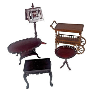 Bespaq Vtg 1:12 Miniature Dollhouse Furniture Lot Of 5 Tables Tea Cart Music Std